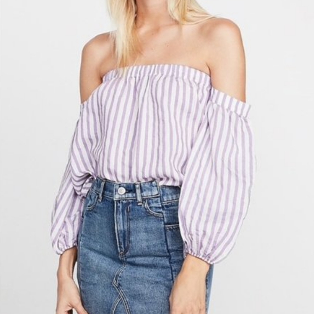 Express Purple White Striped Off the Shoulder Shirt, Balloon Sleeves, Size Small